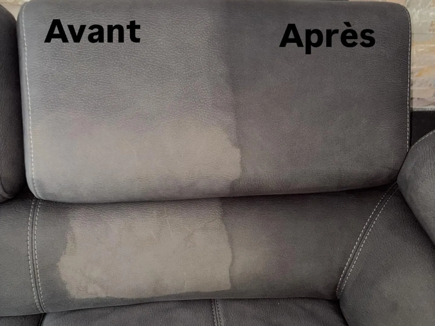 Dossier de canapé en cuir : partie gauche avant nettoyage, partie droite après nettoyage vapeur